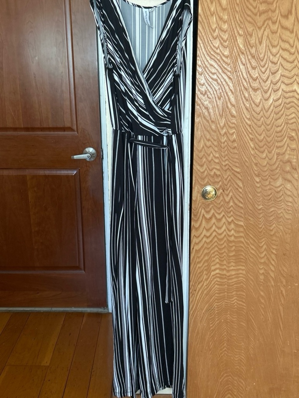 Emma & Michele Black and White Striped Sleeveless Wrap Jumpsuit